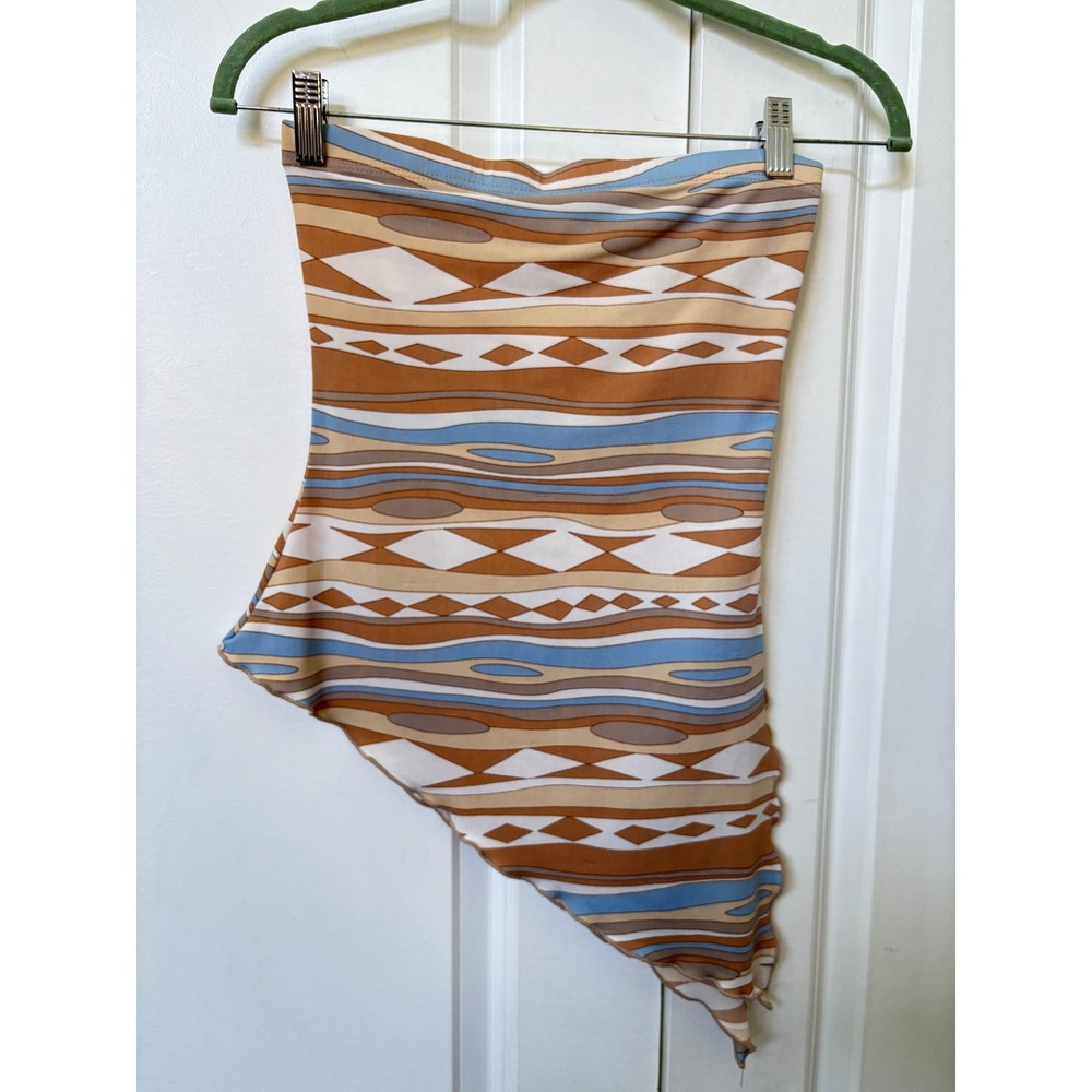 725 Originals Womens S Y2K Handkerchief Hem Tube Top Geometric Abstract Brown - Picture 2 of 12